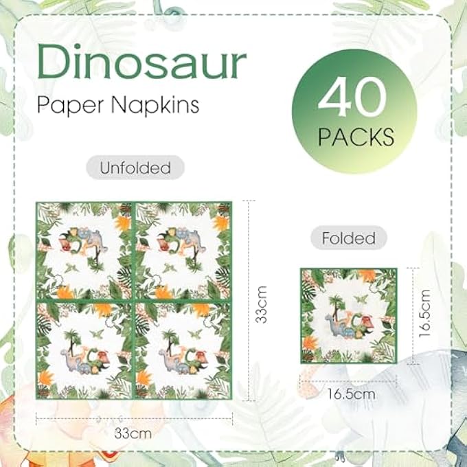 40 PIECES DINOSAUR PATTERN NAPKINS BIRTHDAY CHILDREN DINOSAUR PARTY DECORATION 33 X 33 CM - Image 3